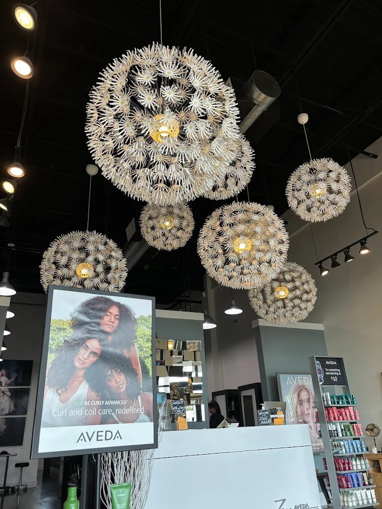 Light fixtures shaped like dandelion puffballs hang from the ceiling above a welcoming Aveda hair salon reception area with branded displays and promotional posters, showcasing one of the best salon Naples FL experiences. Zen Aveda Salon in Naples, FL